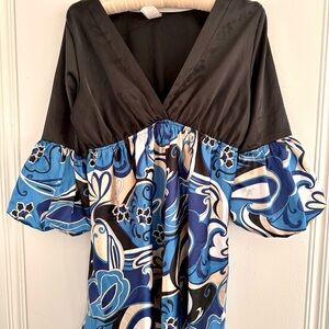 Vintage Topia Black and Blue Patterned Top